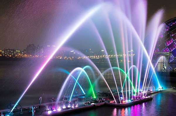 Floating fountain on lake